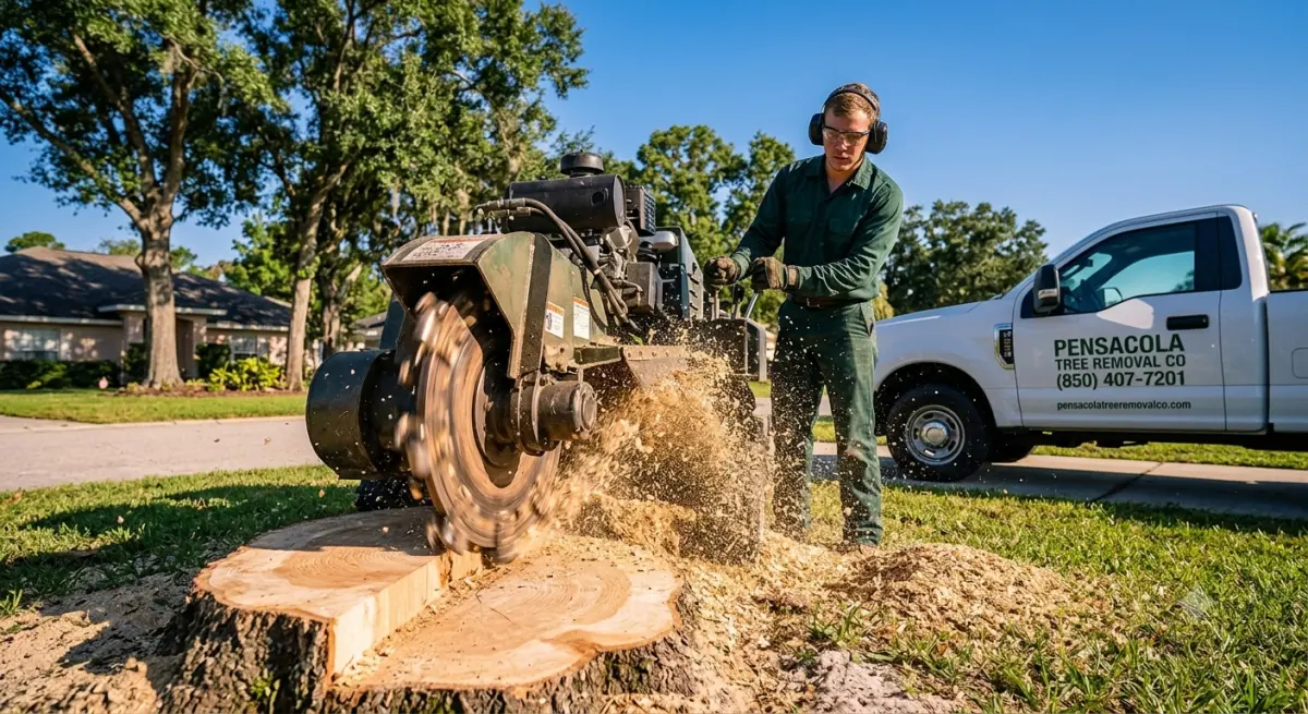 Pensacola Tree Removal Co stump grinding crew working in Pensacola Florida