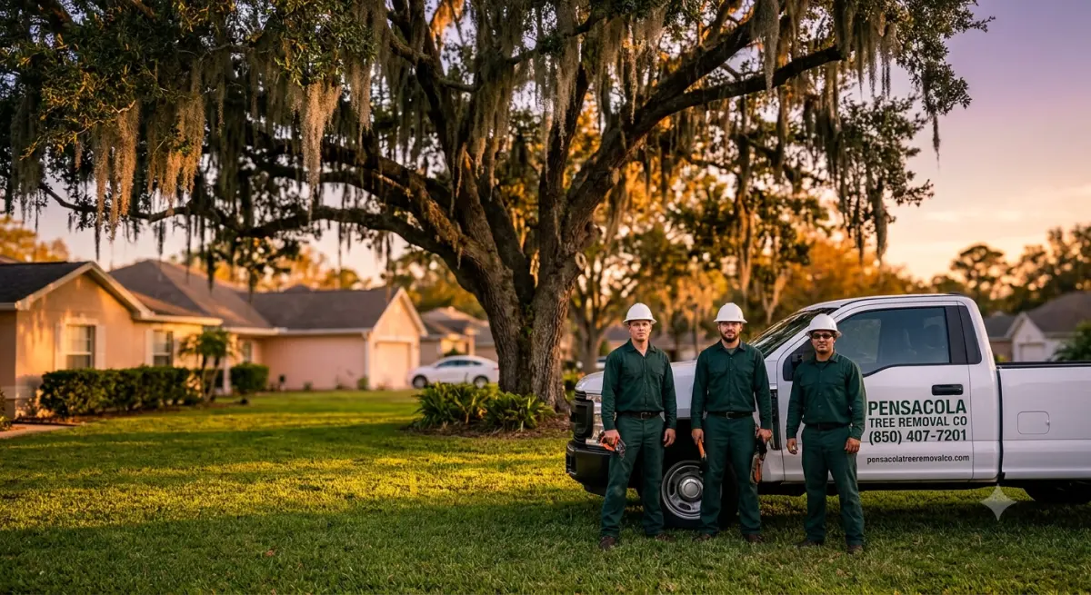 Pensacola tree service crew removing large oak tree in residential yard